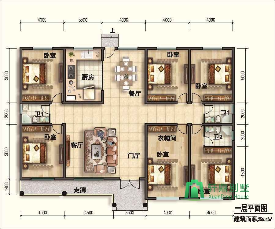 1层农村自建房屋设计图,占地256㎡,19.5m*13.8m,一层自建别墅