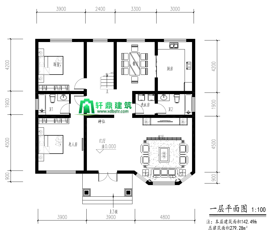 84*12.68.建筑面积279.82㎡,是一款两层自建房的首选户型.