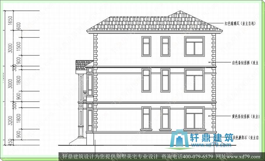 6米三层新农村房屋设计图_新款别墅设计图_自建房设计图_左侧立面图