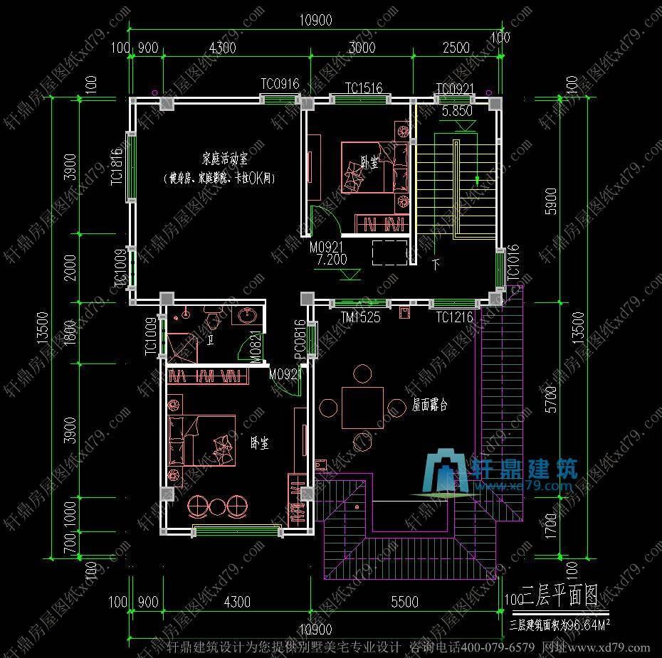 10.9x13.5米经典三层农村自建房设计图_农村房屋设计图_精致大气农村别墅设计